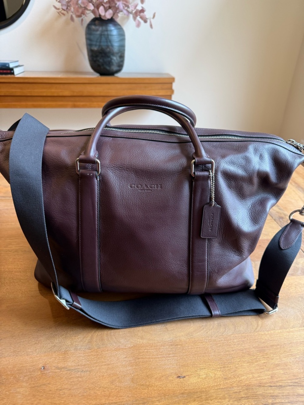 Coach Men's Leather Duffel Bag in Dark Maroon with Removable Strap